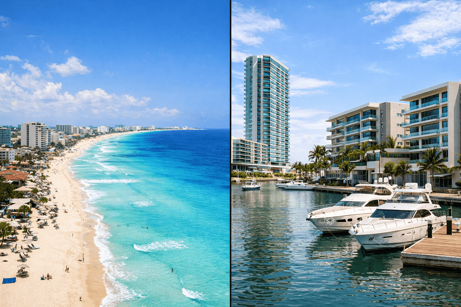 Comparativa vistas playa Zona Hotelera vs Puerto Cancún canales navegación yates.
